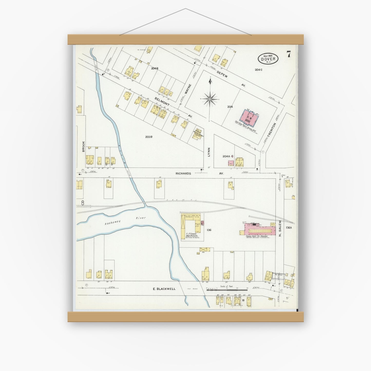 Old map wall art mockup — magnetic wood frame on white wall — Sanborn Fire Insurance Map from Dover, Morris County, New Jersey (1909), Sheet #0007