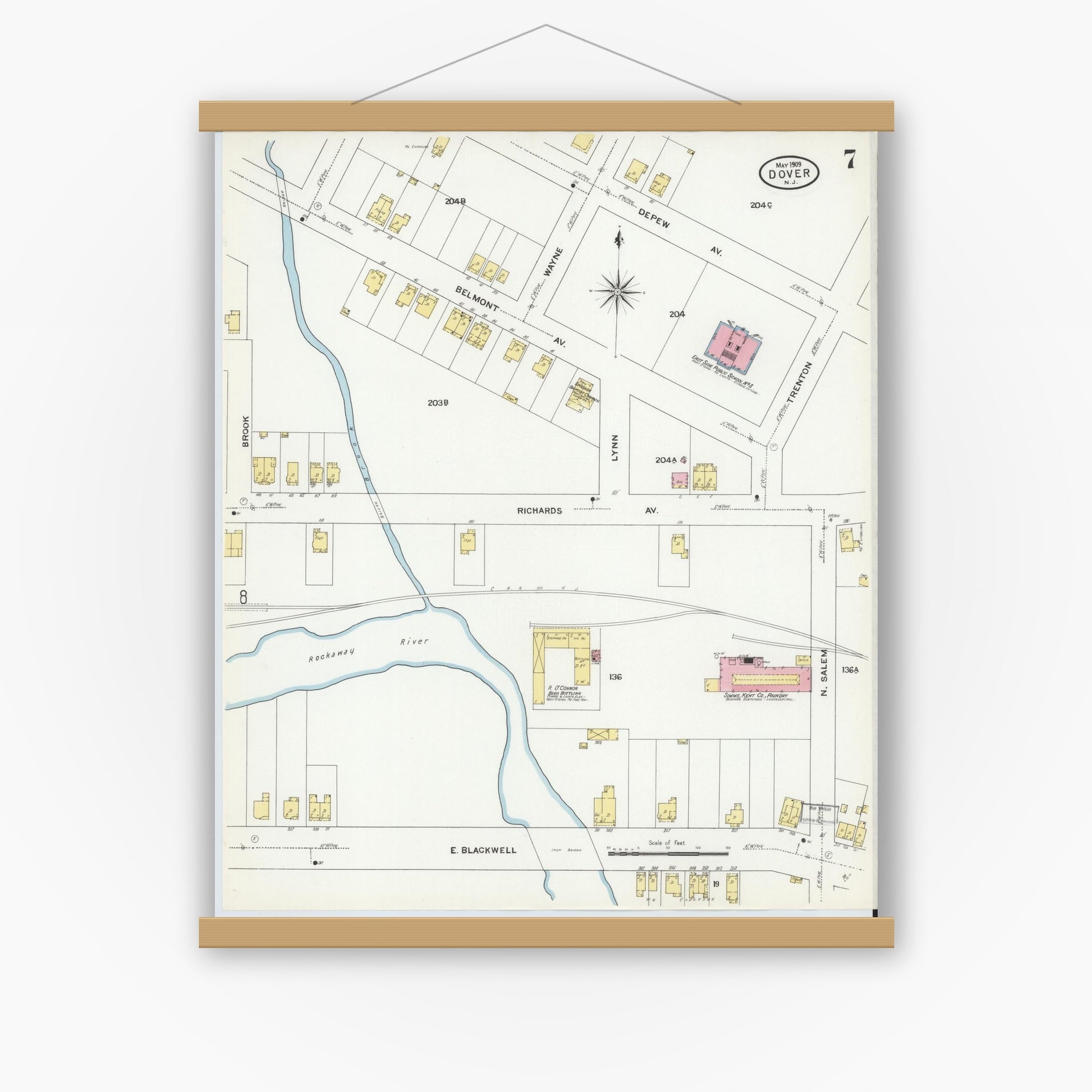 Old map wall art mockup — magnetic wood frame on white wall — Sanborn Fire Insurance Map from Dover, Morris County, New Jersey (1909), Sheet #0007