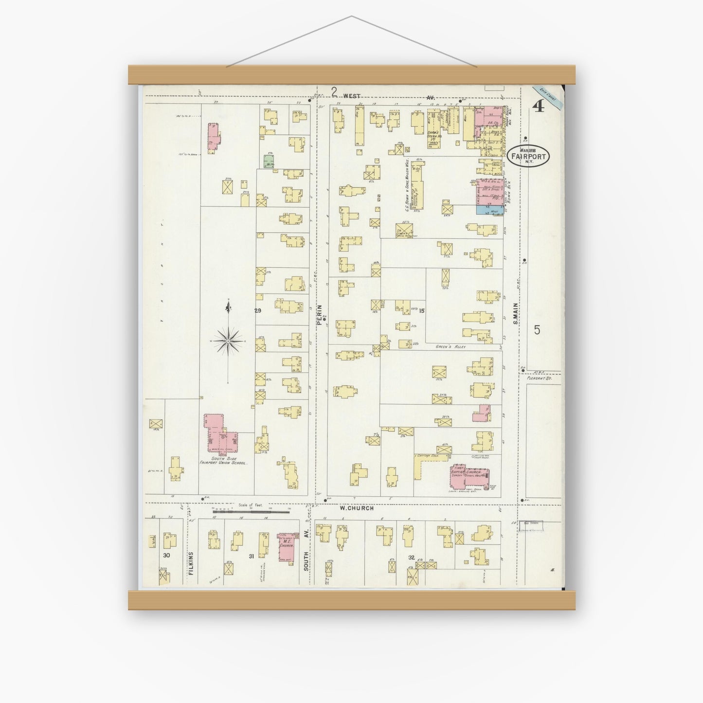 Old map wall art mockup — magnetic wood frame on white wall — Sanborn Fire Insurance Map from Fairport, Monroe County, New York (1898), Sheet #0004