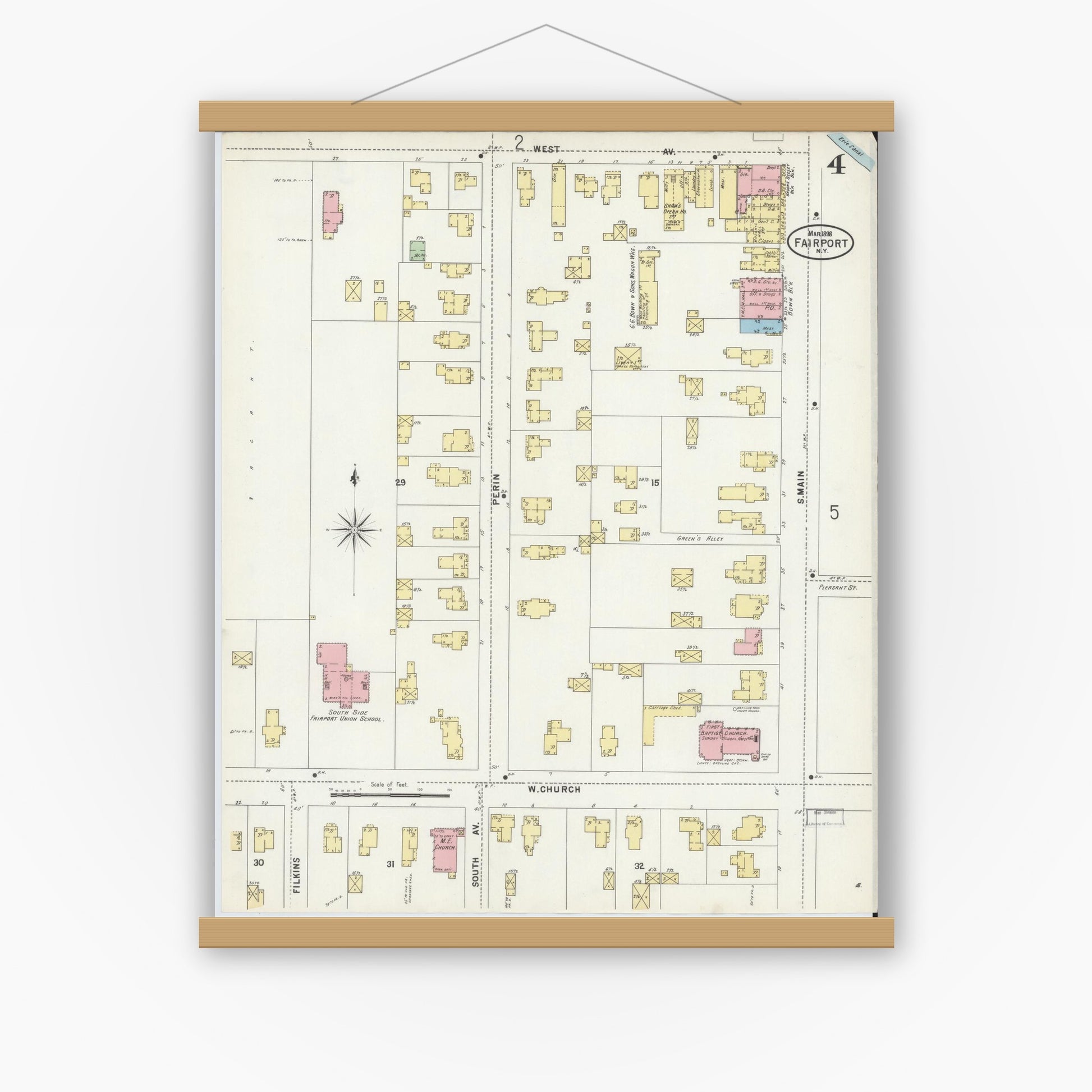 Old map wall art mockup — magnetic wood frame on white wall — Sanborn Fire Insurance Map from Fairport, Monroe County, New York (1898), Sheet #0004
