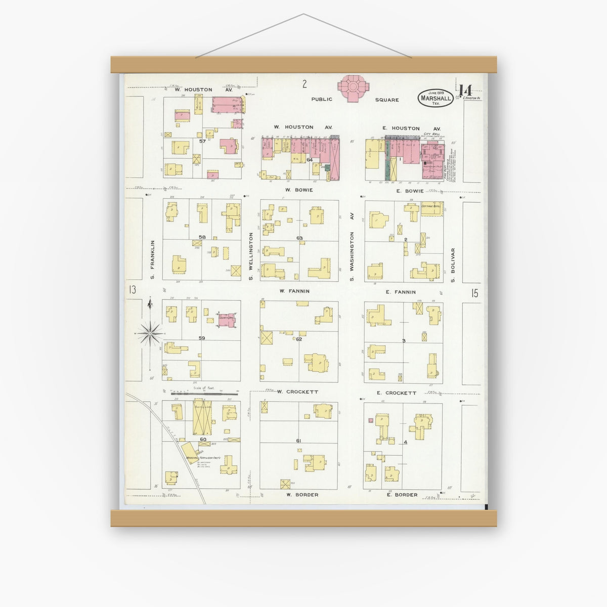Old map wall art mockup — magnetic wood frame on white wall — Sanborn Fire Insurance Map from Marshall, Harrison County, Texas (1909), Sheet #0014
