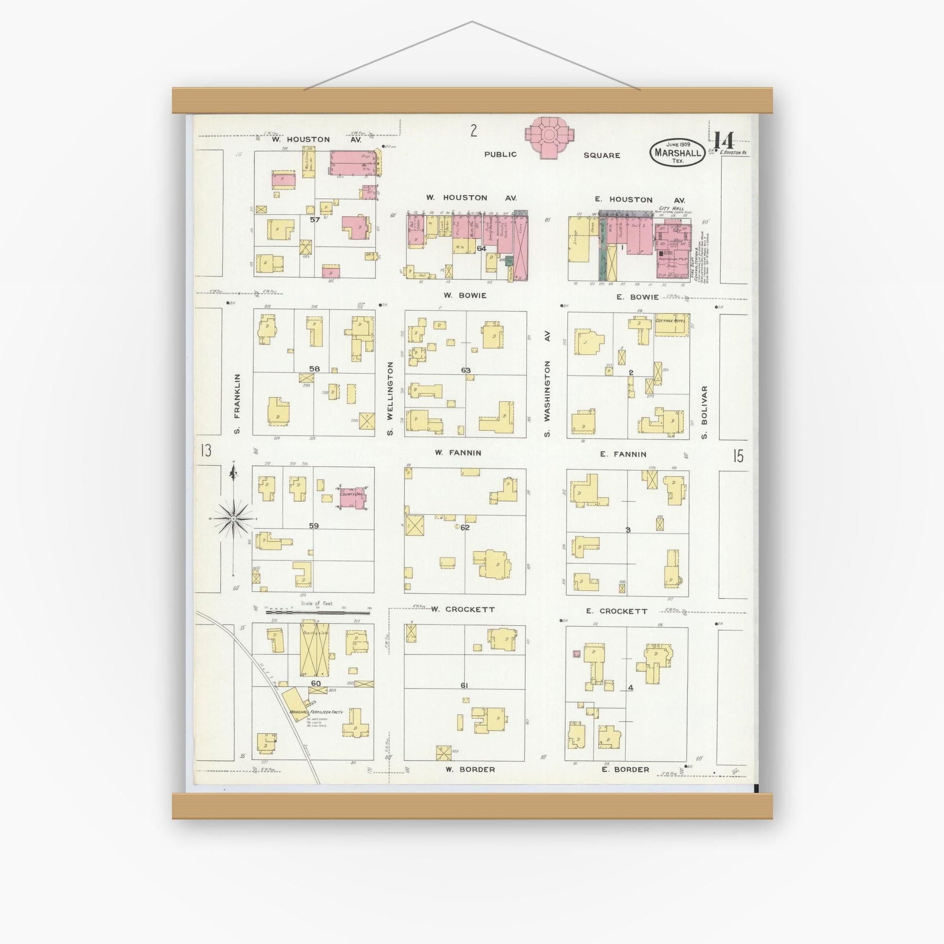 Old map wall art mockup — magnetic wood frame on white wall — Sanborn Fire Insurance Map from Marshall, Harrison County, Texas (1909), Sheet #0014