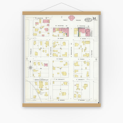 Old map wall art mockup — magnetic wood frame on white wall — Sanborn Fire Insurance Map from Marshall, Harrison County, Texas (1909), Sheet #0014