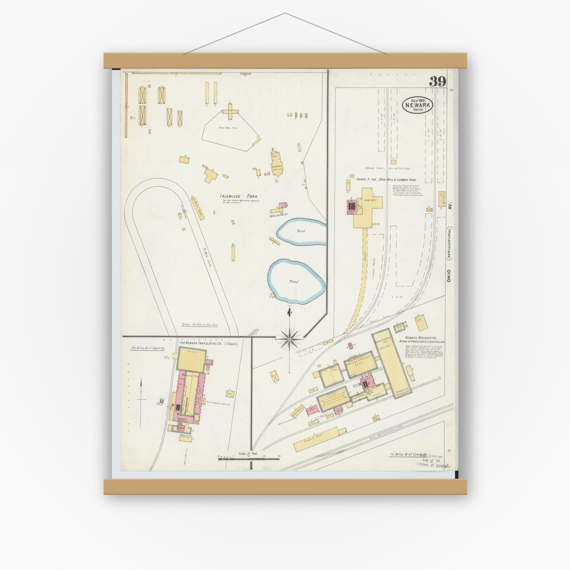 Old map wall art mockup — magnetic wood frame on white wall — Sanborn Fire Insurance Map from Newark, Licking County, Ohio (1905), Sheet #0039