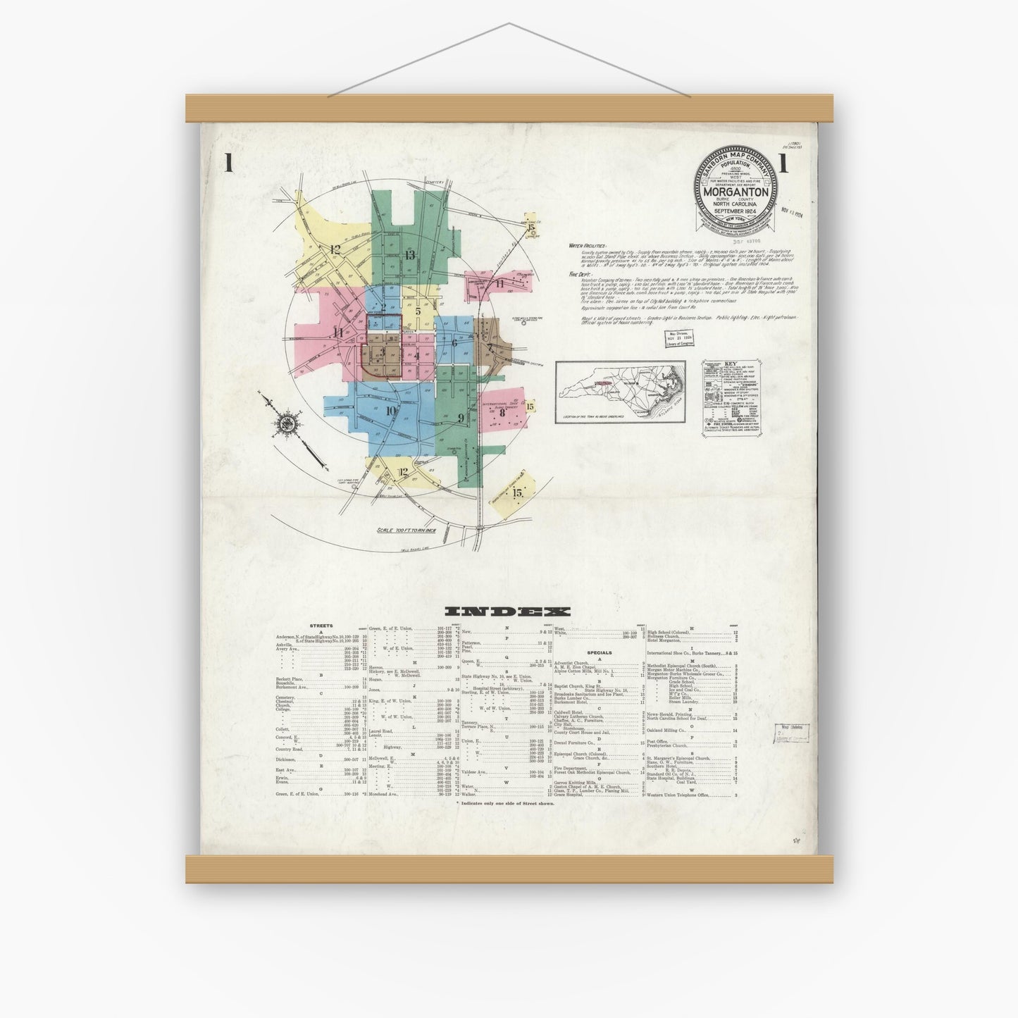 Old map wall art mockup — magnetic wood frame on white wall — Sanborn Fire Insurance Map from Morganton, Burke County, North Carolina (1924) - Complete Map Set