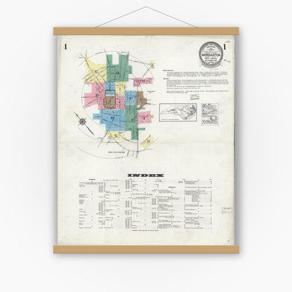 Old map wall art mockup — magnetic wood frame on white wall — Sanborn Fire Insurance Map from Morganton, Burke County, North Carolina (1924) - Complete Map Set
