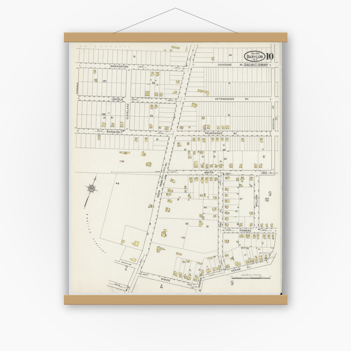 Old map wall art mockup — magnetic wood frame on white wall — Sanborn Fire Insurance Map from Babylon, Suffolk County, New York (1915), Sheet #0010