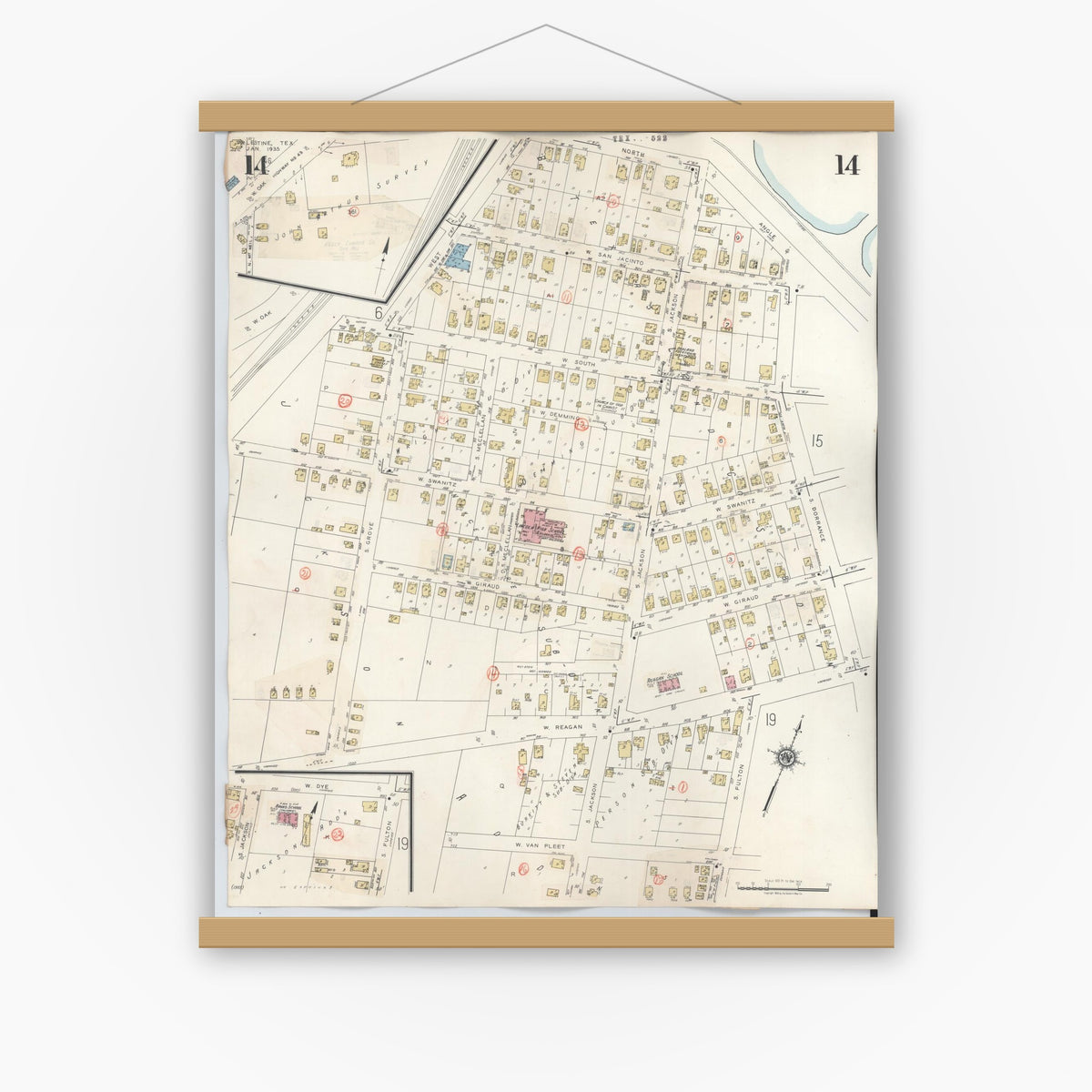 Old map wall art mockup — magnetic wood frame on white wall — Sanborn Fire Insurance Map from Palestine, Anderson County, Texas (1949), Sheet #0014
