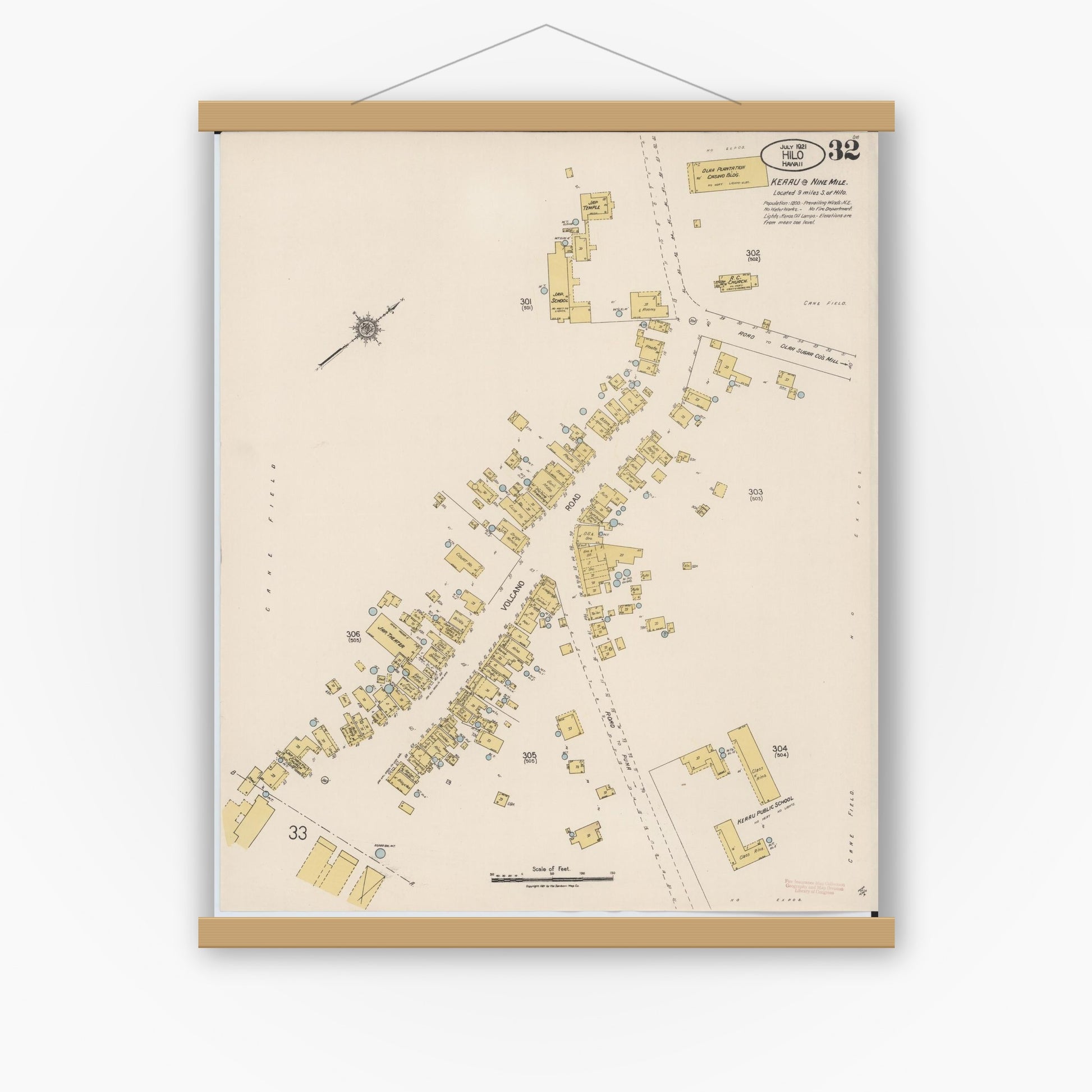 Old map wall art mockup — magnetic wood frame on white wall — Sanborn Fire Insurance Map from Hilo, Hawaii County, Hawaii (1921), Sheet #0032