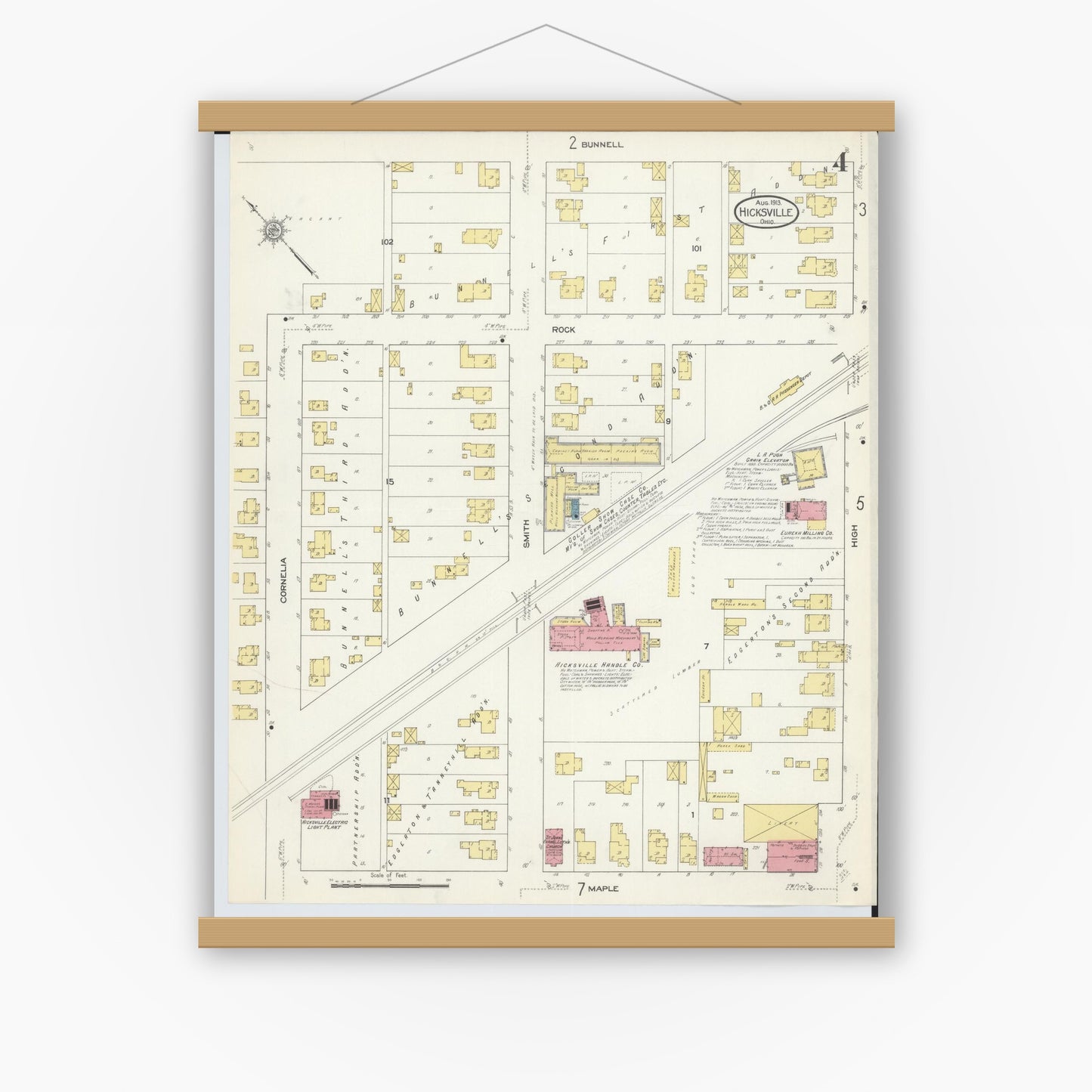Old map wall art mockup — magnetic wood frame on white wall — Sanborn Fire Insurance Map from Hicksville, Defiance County, Ohio (1913), Sheet #0004