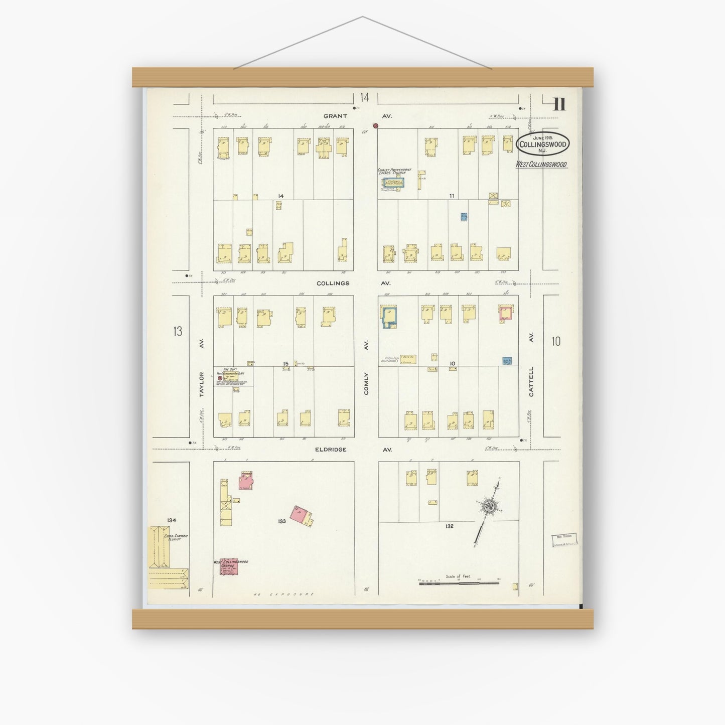 Old map wall art mockup — magnetic wood frame on white wall — Sanborn Fire Insurance Map from Collingswood, Camden County, New Jersey (1915), Sheet #0011