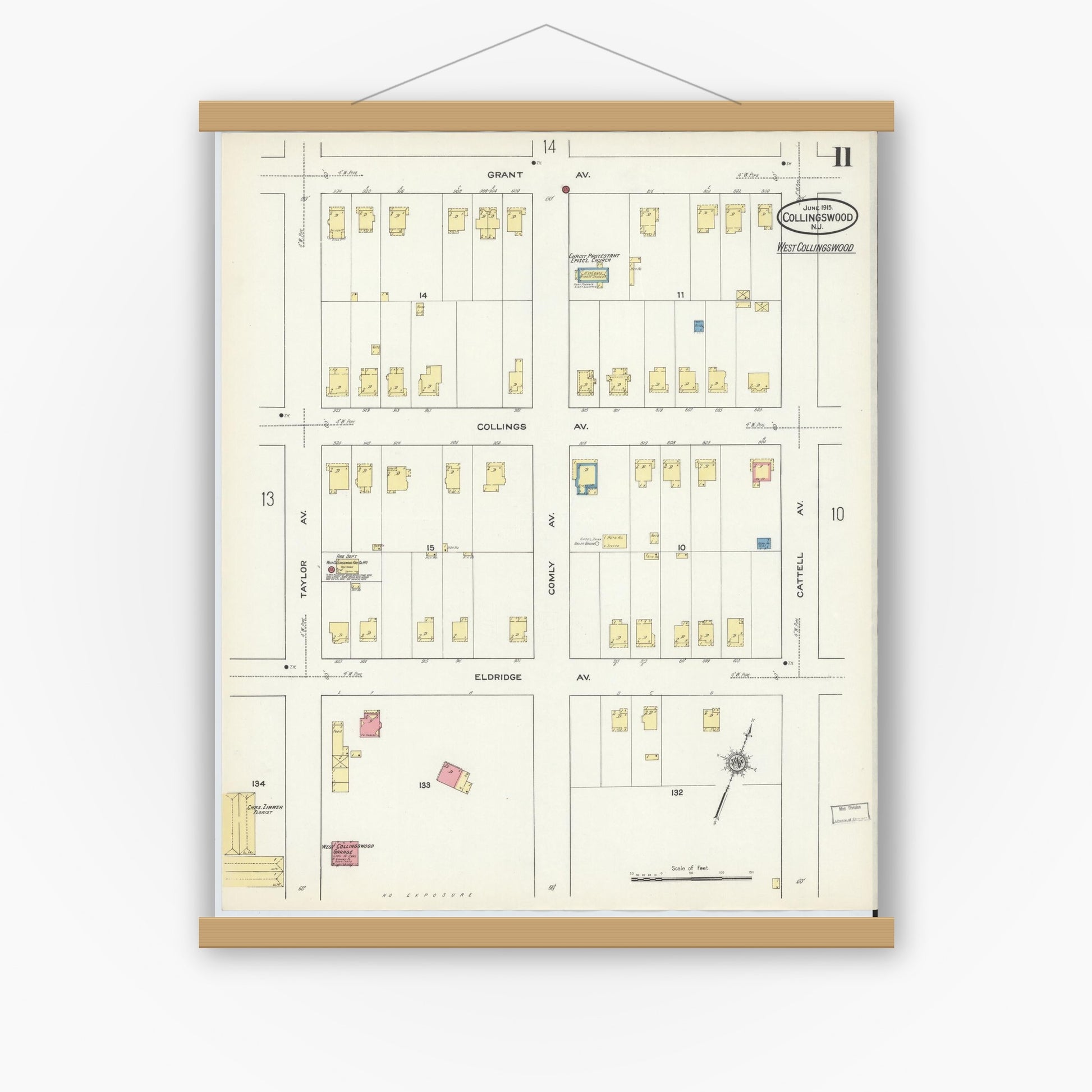 Old map wall art mockup — magnetic wood frame on white wall — Sanborn Fire Insurance Map from Collingswood, Camden County, New Jersey (1915), Sheet #0011