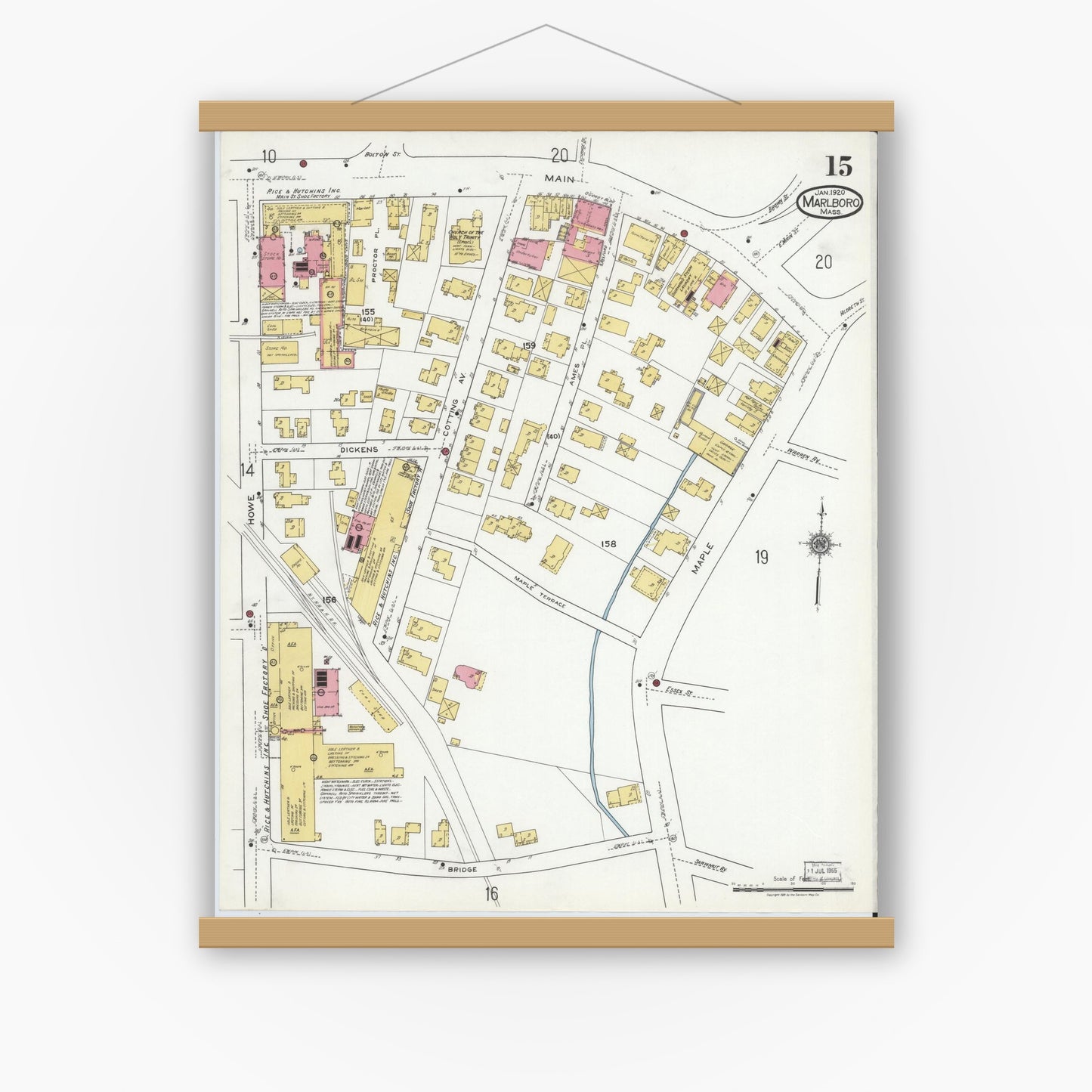 Old map wall art mockup — magnetic wood frame on white wall — Sanborn Fire Insurance Map from Marlborough, Middlesex County, Massachusetts (1920), Sheet #0015