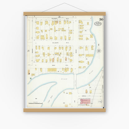 Old map wall art mockup — magnetic wood frame on white wall — Sanborn Fire Insurance Map from Lansing, Ingham County, Michigan (1906), Sheet #0030