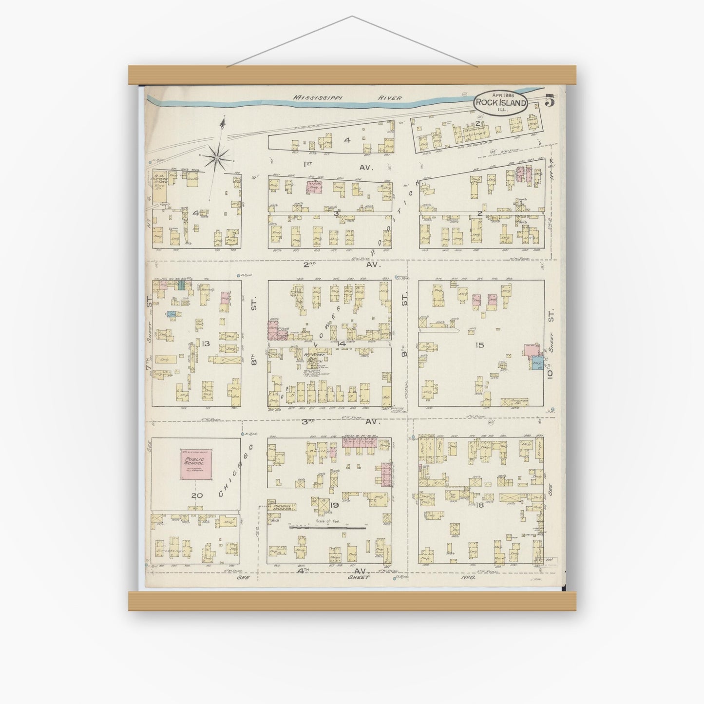Old map wall art mockup — magnetic wood frame on white wall — Sanborn Fire Insurance Map from Rock Island, Rock Island County, Illinois (1886), Sheet #0005