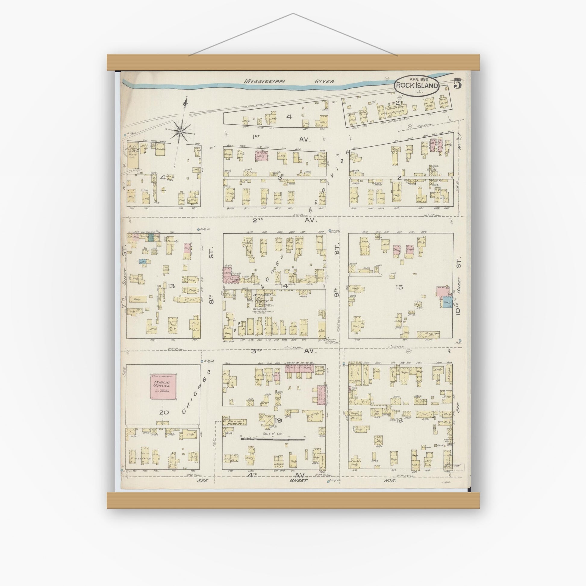 Old map wall art mockup — magnetic wood frame on white wall — Sanborn Fire Insurance Map from Rock Island, Rock Island County, Illinois (1886), Sheet #0005