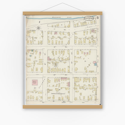 Old map wall art mockup — magnetic wood frame on white wall — Sanborn Fire Insurance Map from Rock Island, Rock Island County, Illinois (1886), Sheet #0005