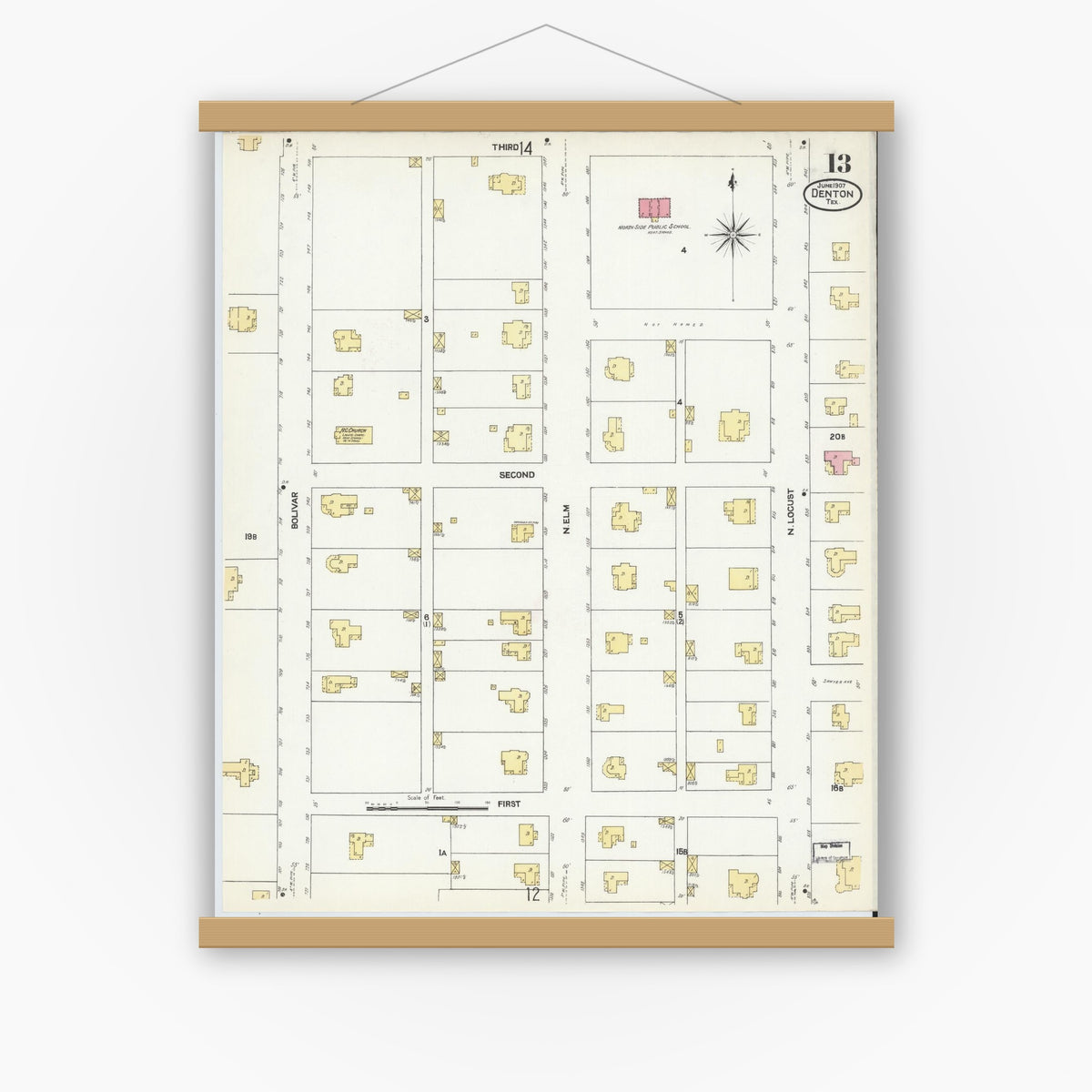 Old map wall art mockup — magnetic wood frame on white wall — Sanborn Fire Insurance Map from Denton, Denton County, Texas (1907), Sheet #0013
