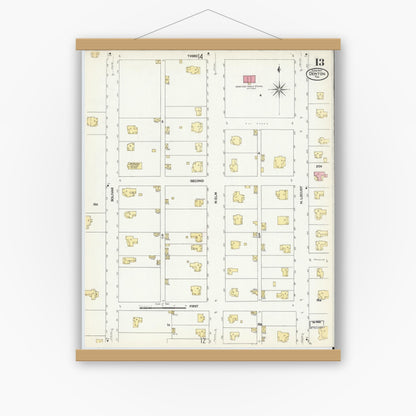 Old map wall art mockup — magnetic wood frame on white wall — Sanborn Fire Insurance Map from Denton, Denton County, Texas (1907), Sheet #0013