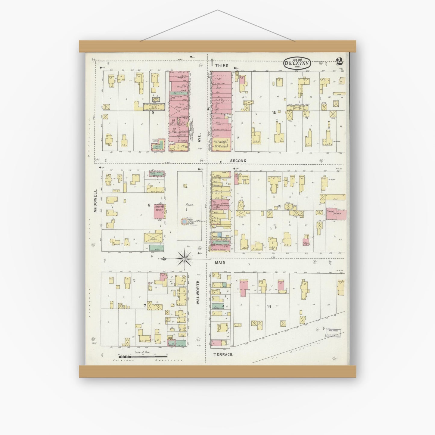 Old map wall art mockup — magnetic wood frame on white wall — Sanborn Fire Insurance Map from Delavan, Walworth County, Wisconsin (1895), Sheet #0002