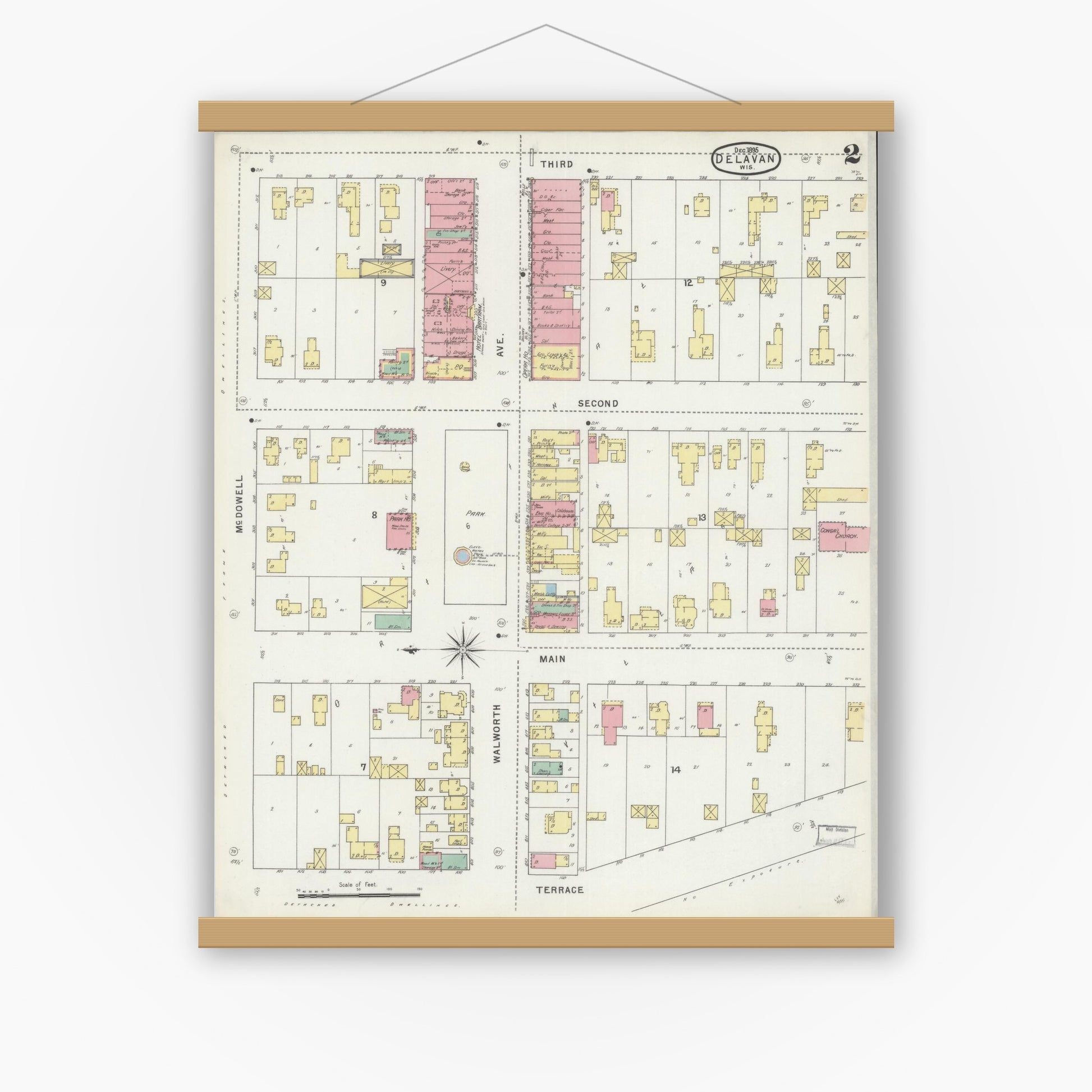 Old map wall art mockup — magnetic wood frame on white wall — Sanborn Fire Insurance Map from Delavan, Walworth County, Wisconsin (1895), Sheet #0002