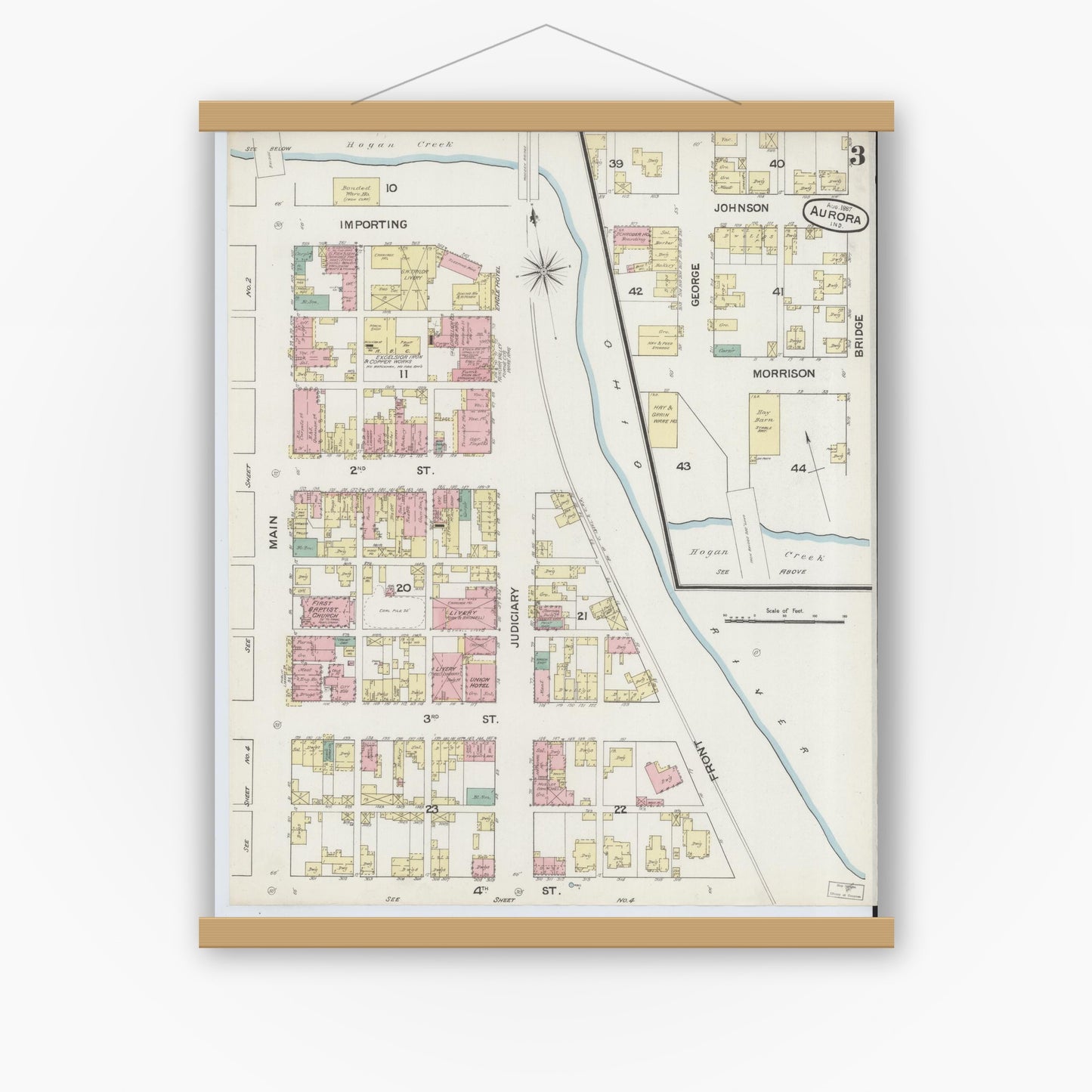 Old map wall art mockup — magnetic wood frame on white wall — Sanborn Fire Insurance Map from Aurora, Dearborn County, Indiana (1887), Sheet #0003