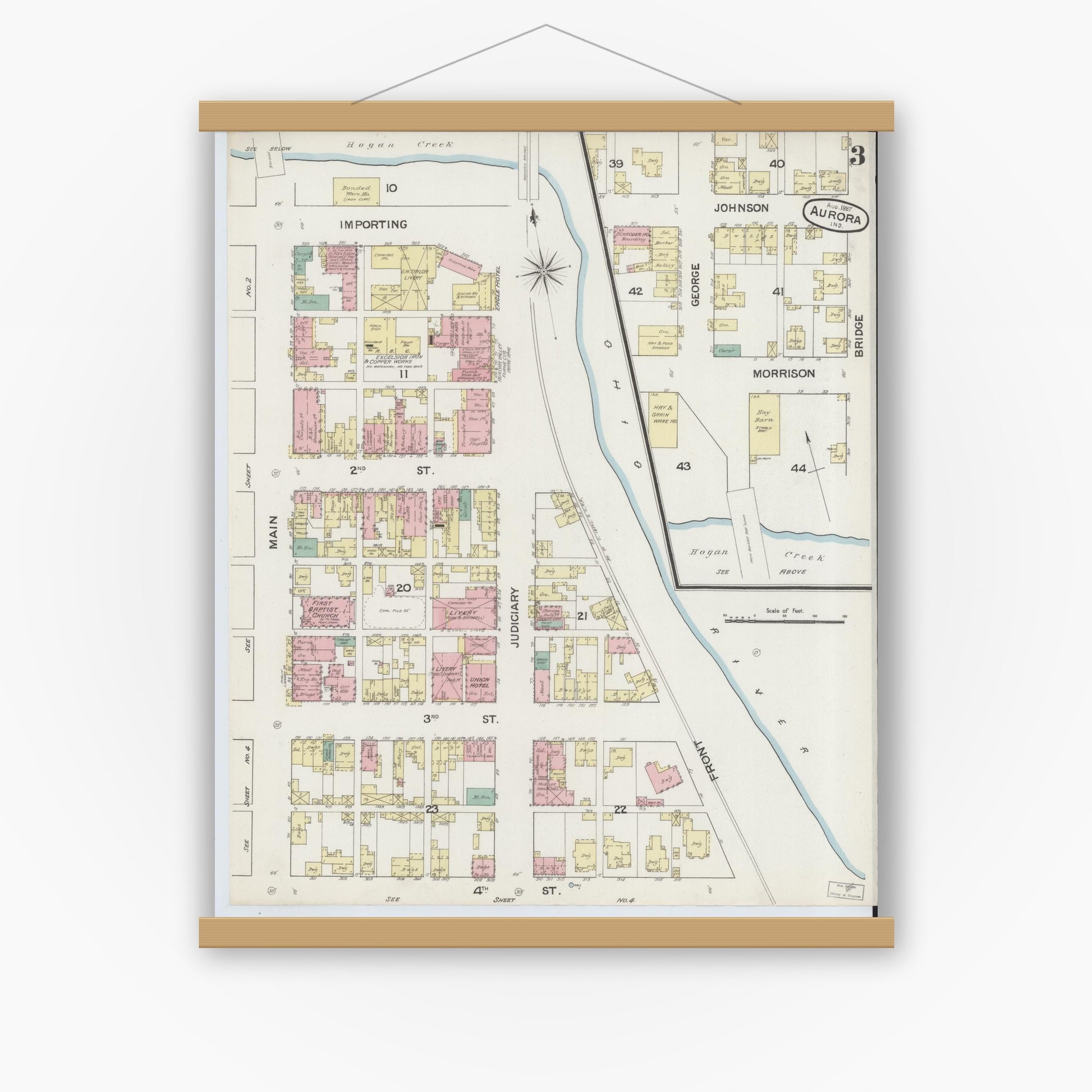 Old map wall art mockup — magnetic wood frame on white wall — Sanborn Fire Insurance Map from Aurora, Dearborn County, Indiana (1887), Sheet #0003