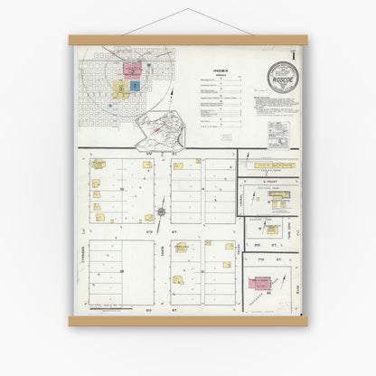 Old map wall art mockup — magnetic wood frame on white wall — Sanborn Fire Insurance Map from Roscoe, Nolan County, Texas (1921) - Complete Map Set