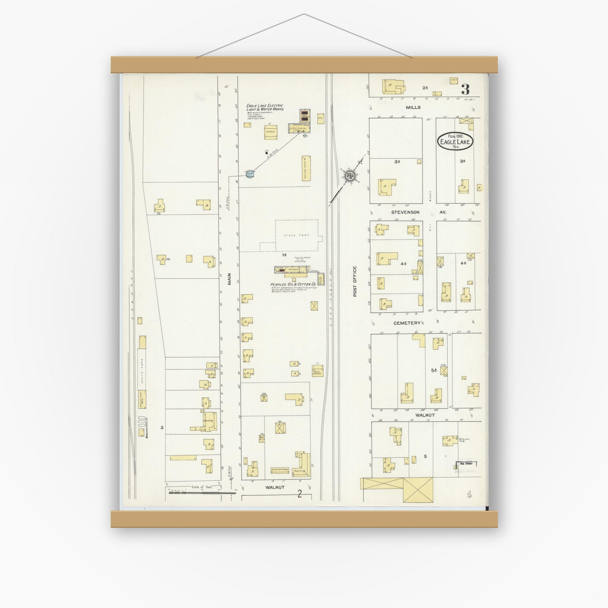 Old map wall art mockup — magnetic wood frame on white wall — Sanborn Fire Insurance Map from Eagle Lake, Colorado County, Texas (1912), Sheet #0003