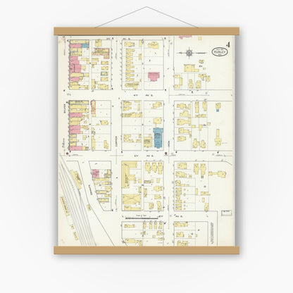 Old map wall art mockup — magnetic wood frame on white wall — Sanborn Fire Insurance Map from Hurley, Iron County, Wisconsin (1913), Sheet #0004