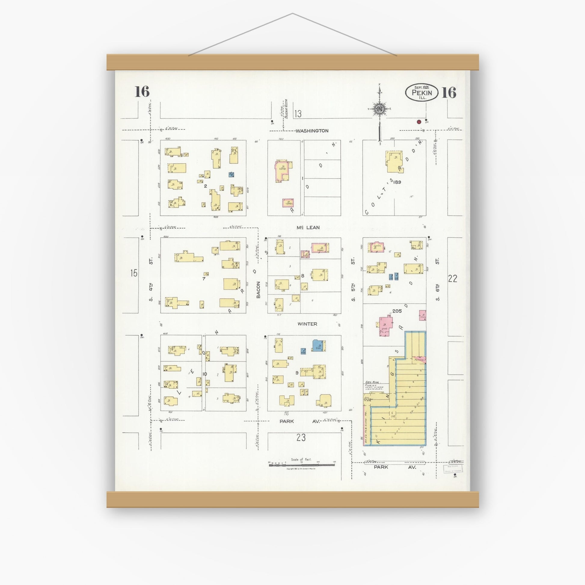 Old map wall art mockup — magnetic wood frame on white wall — Sanborn Fire Insurance Map from Pekin, Tazewell County, Illinois (1925), Sheet #0016