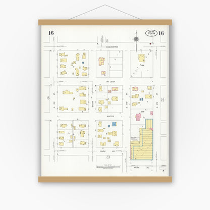 Old map wall art mockup — magnetic wood frame on white wall — Sanborn Fire Insurance Map from Pekin, Tazewell County, Illinois (1925), Sheet #0016