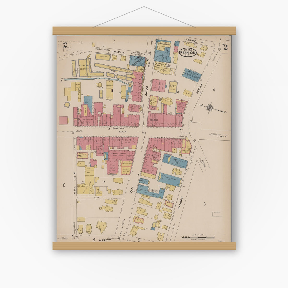 Old map wall art mockup — magnetic wood frame on white wall — Sanborn Fire Insurance Map from Penn Yan, Yates County, New York (1922) - Complete Map Set