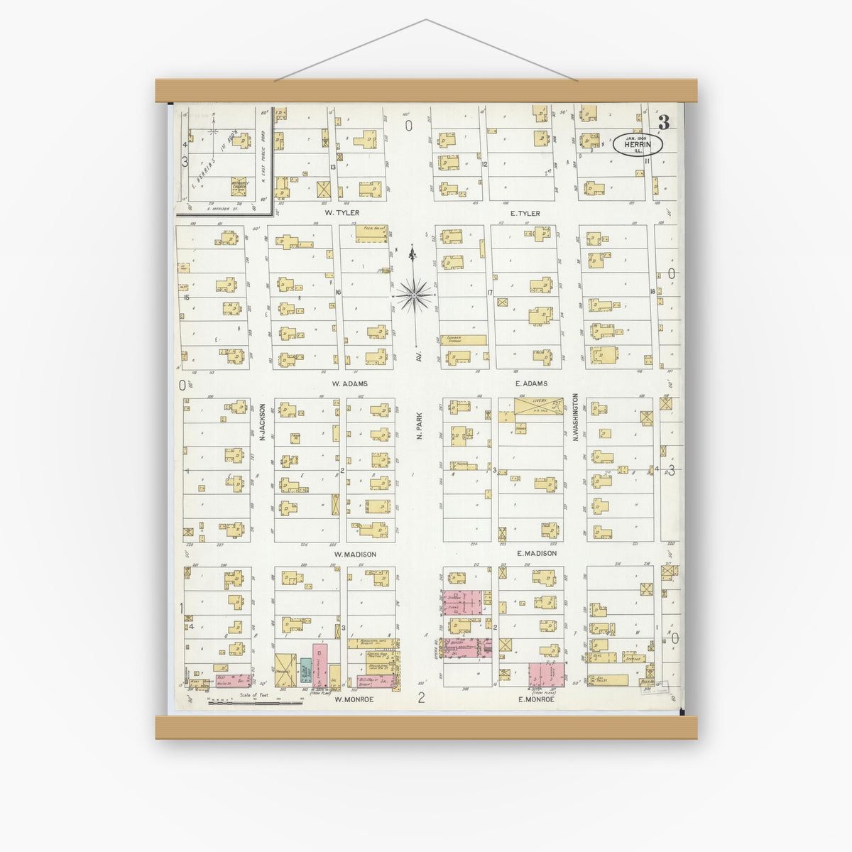 Old map wall art mockup — magnetic wood frame on white wall — Sanborn Fire Insurance Map from Herrin, Williamson County, Illinois (1905), Sheet #0003