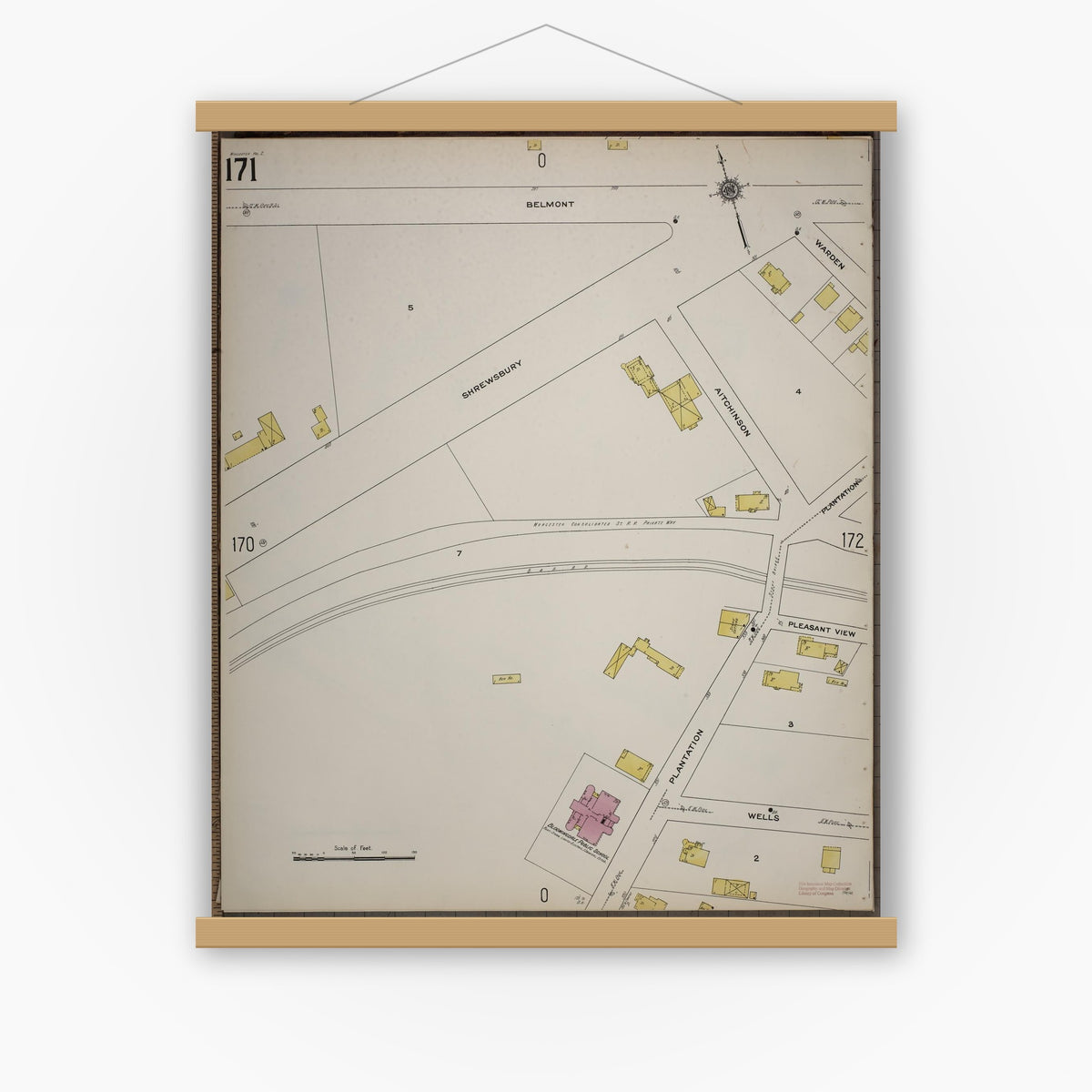 Old map wall art mockup — magnetic wood frame on white wall — Sanborn Fire Insurance Map from Worcester, Worcester County, Massachusetts (1910), Sheet #0171