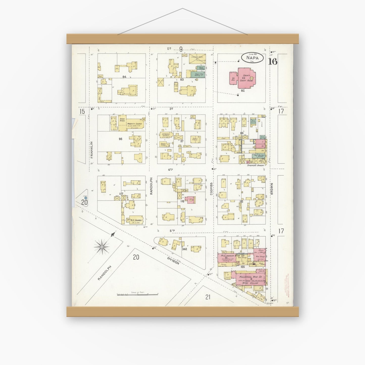 Old map wall art mockup — magnetic wood frame on white wall — Sanborn Fire Insurance Map from Napa, Napa County, California (1901), Sheet #0016