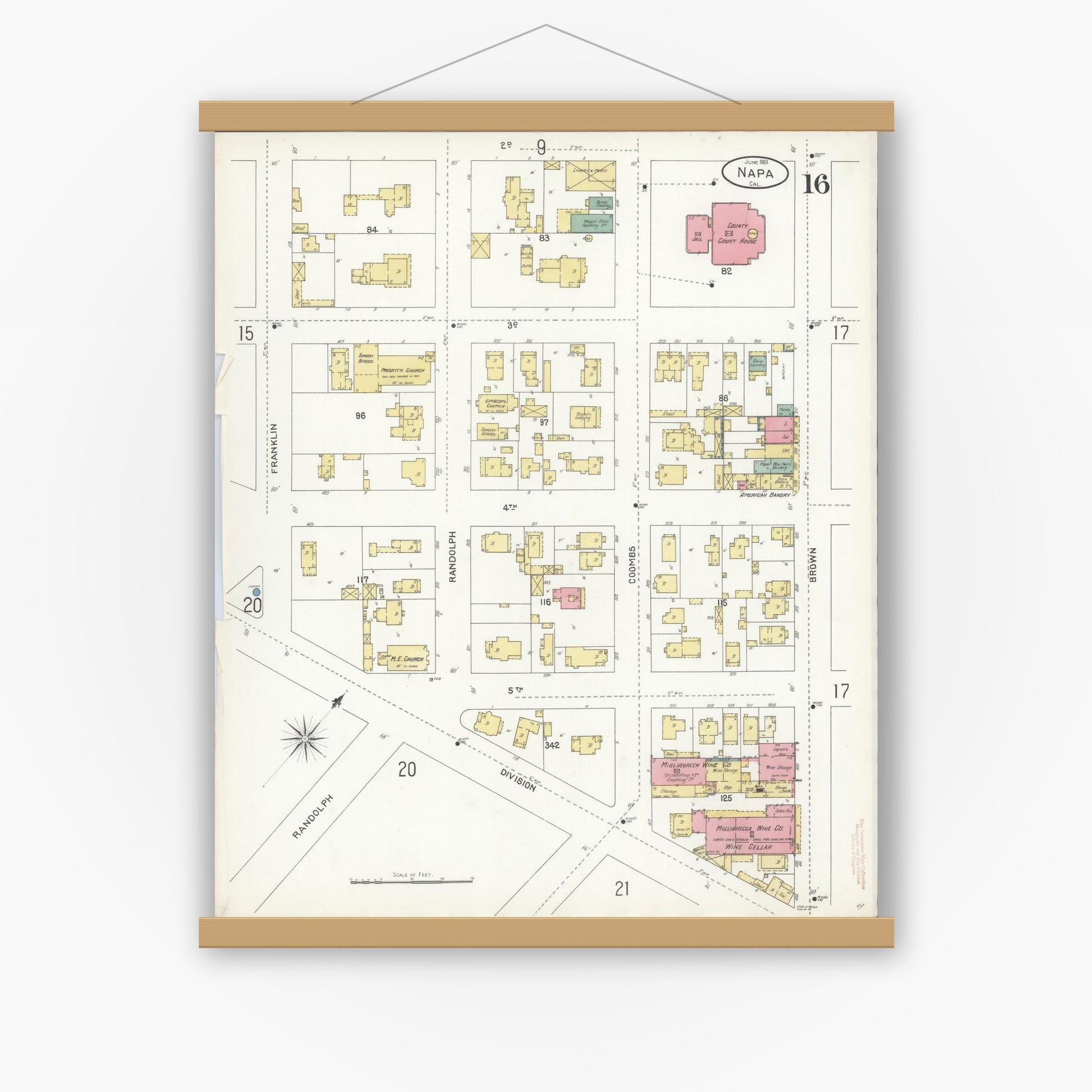 Old map wall art mockup — magnetic wood frame on white wall — Sanborn Fire Insurance Map from Napa, Napa County, California (1901), Sheet #0016