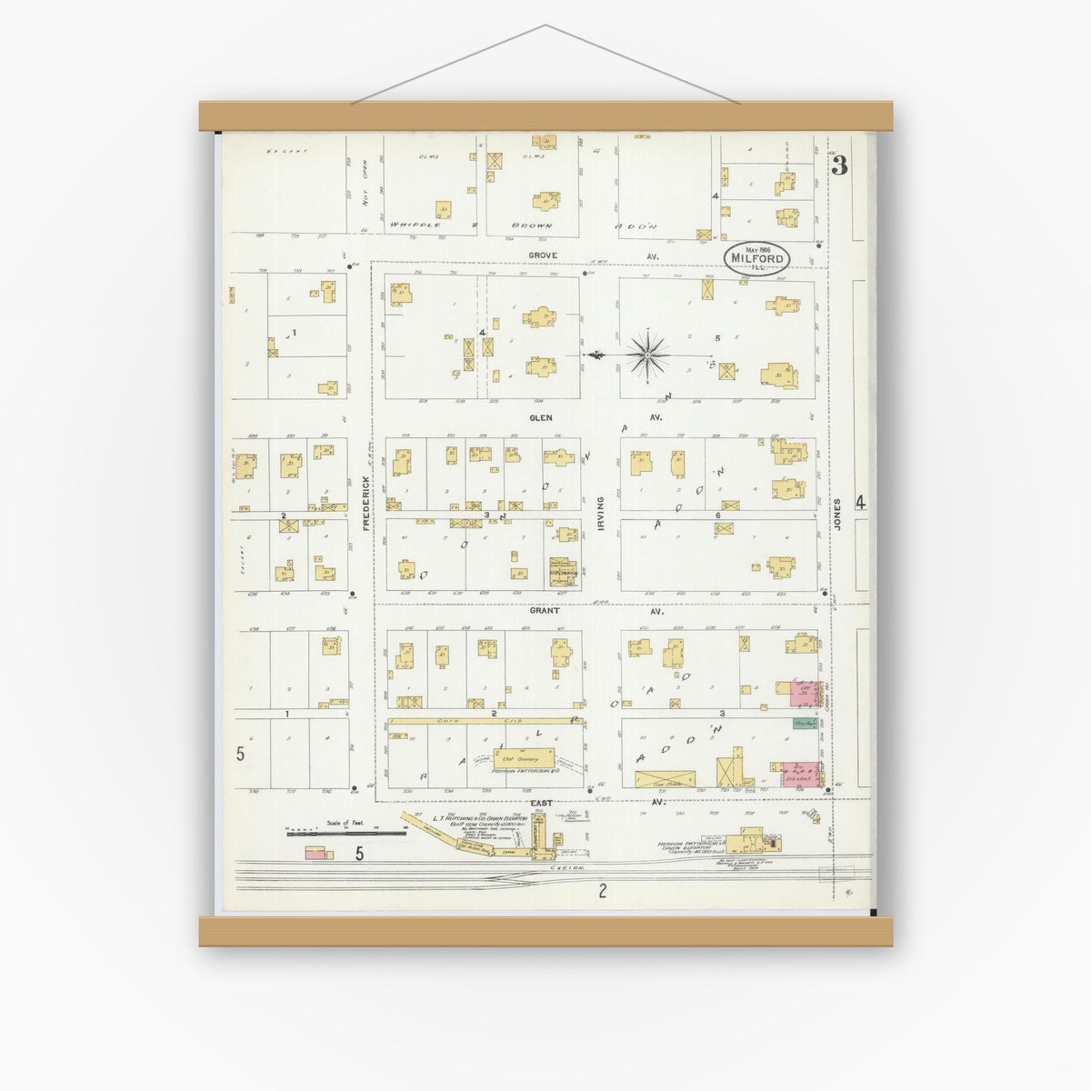 Old map wall art mockup — magnetic wood frame on white wall — Sanborn Fire Insurance Map from Milford, Iroquois County, Illinois (1906), Sheet #0003