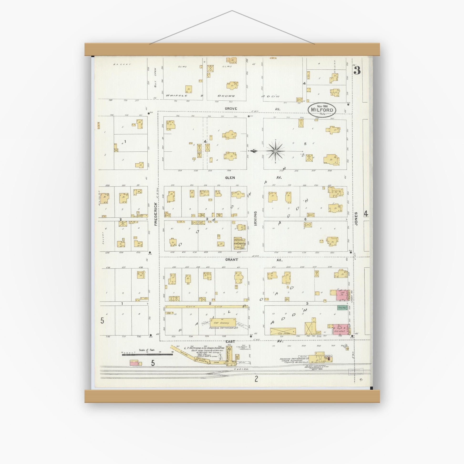Old map wall art mockup — magnetic wood frame on white wall — Sanborn Fire Insurance Map from Milford, Iroquois County, Illinois (1906), Sheet #0003