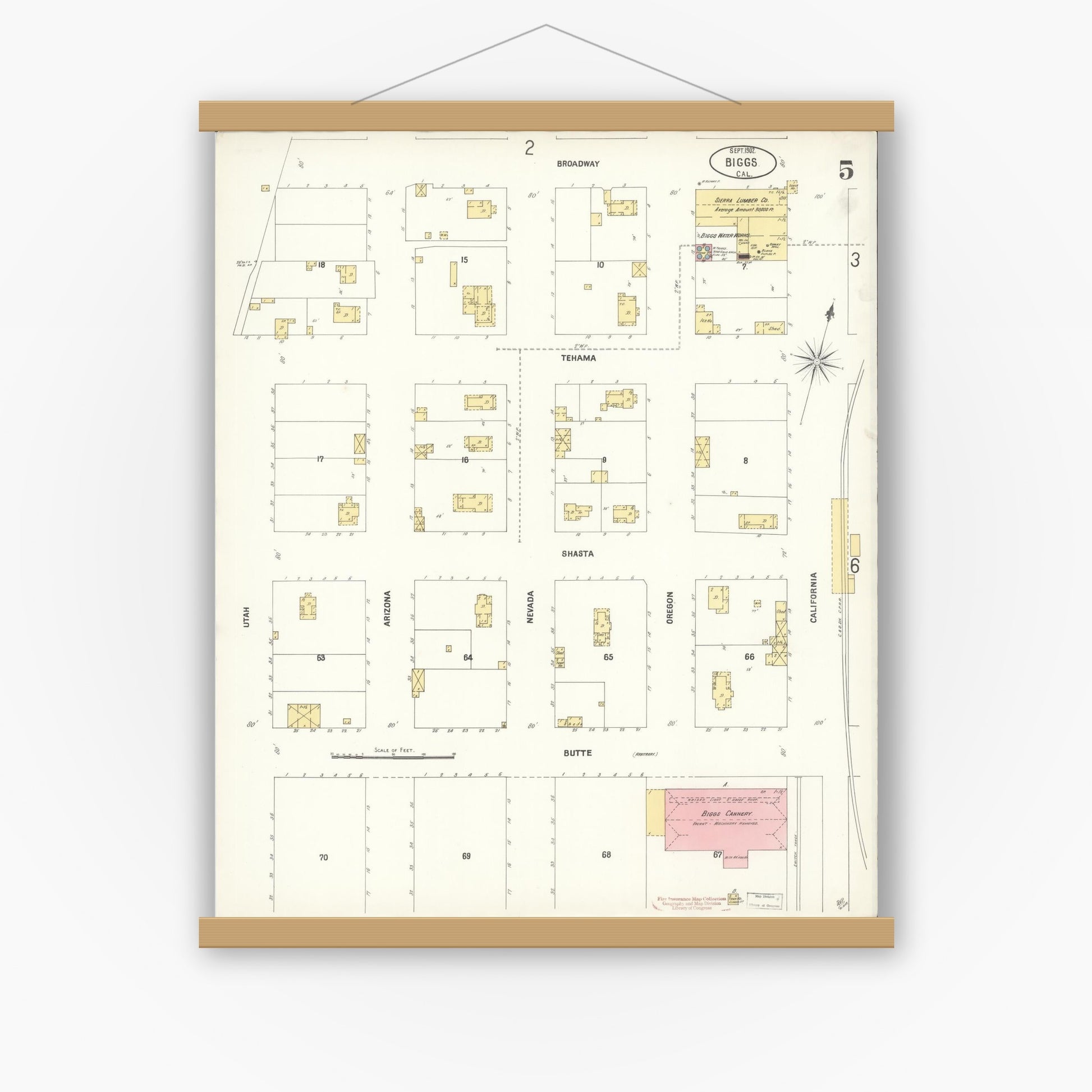 Old map wall art mockup — magnetic wood frame on white wall — Sanborn Fire Insurance Map from Biggs, Butte County, California (1902), Sheet #0005