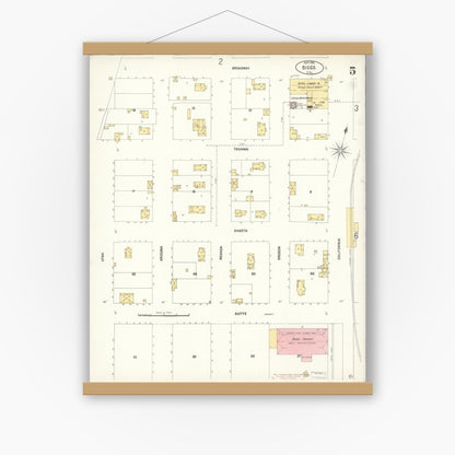 Old map wall art mockup — magnetic wood frame on white wall — Sanborn Fire Insurance Map from Biggs, Butte County, California (1902), Sheet #0005