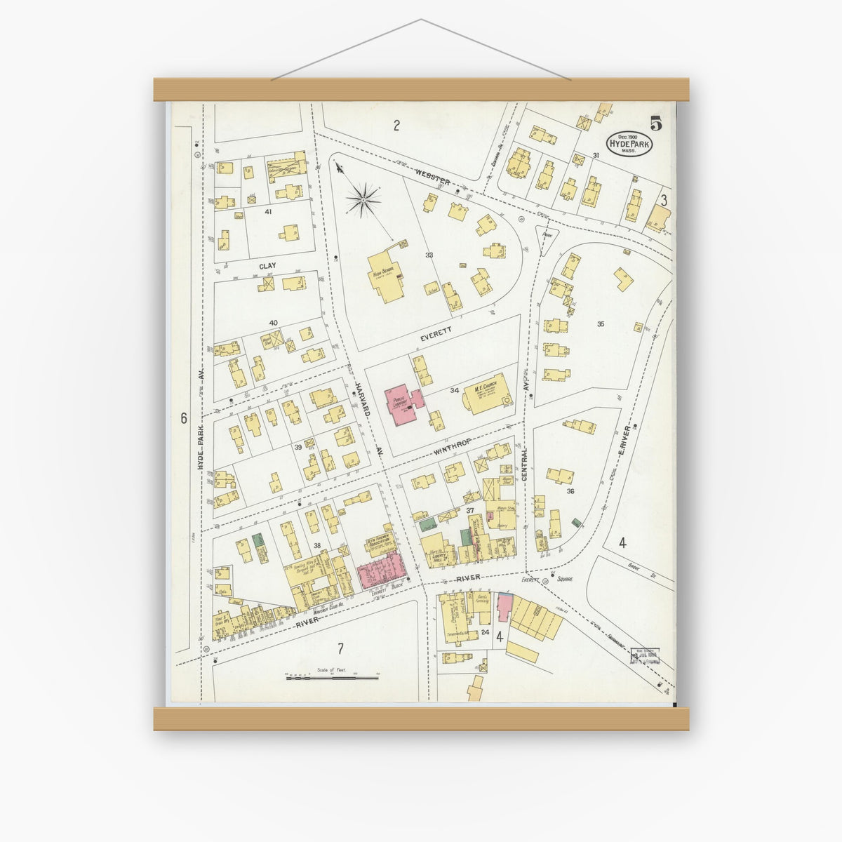 Old map wall art mockup — magnetic wood frame on white wall — Sanborn Fire Insurance Map from Hyde Park, Norfolk County, Massachusetts (1900), Sheet #0005