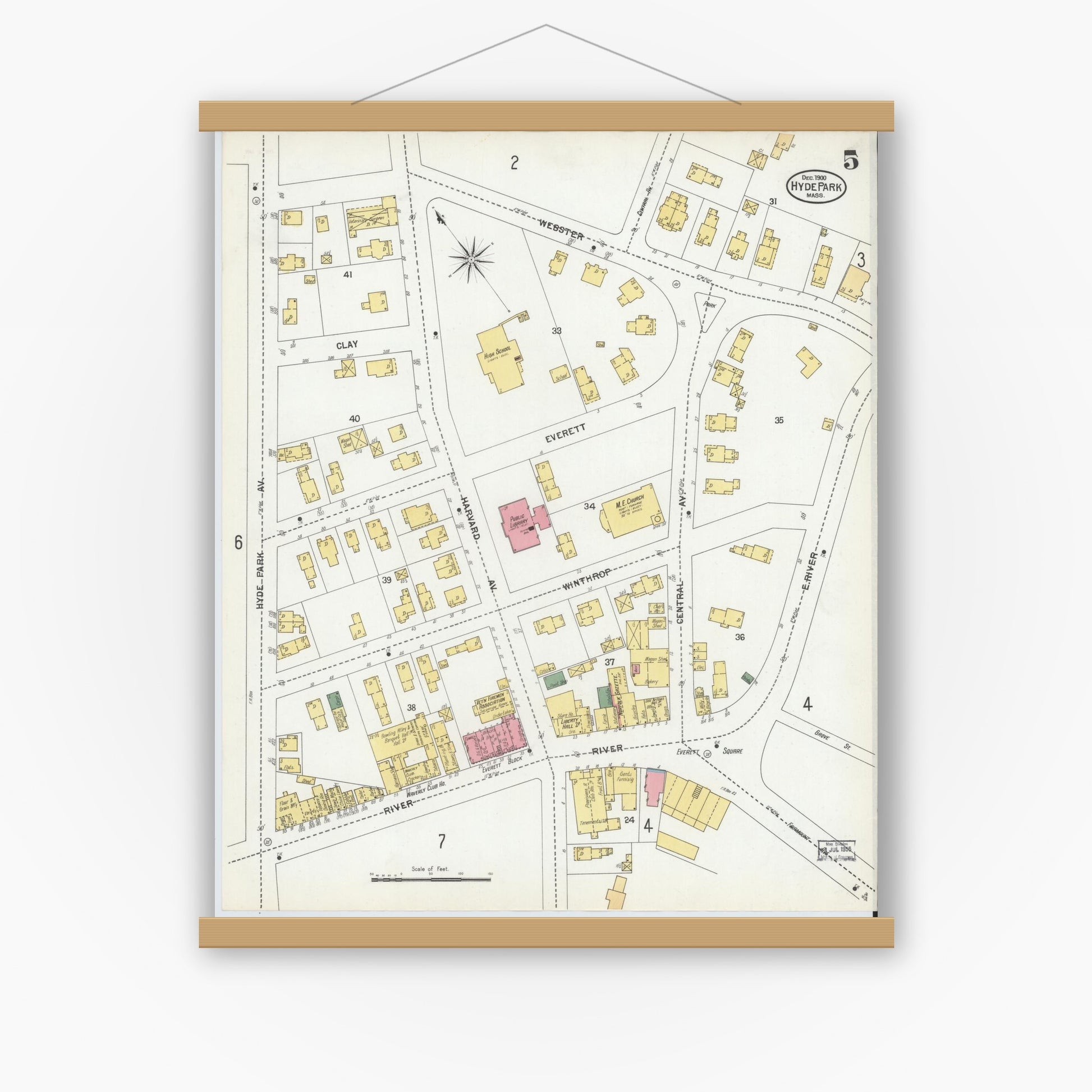 Old map wall art mockup — magnetic wood frame on white wall — Sanborn Fire Insurance Map from Hyde Park, Norfolk County, Massachusetts (1900), Sheet #0005