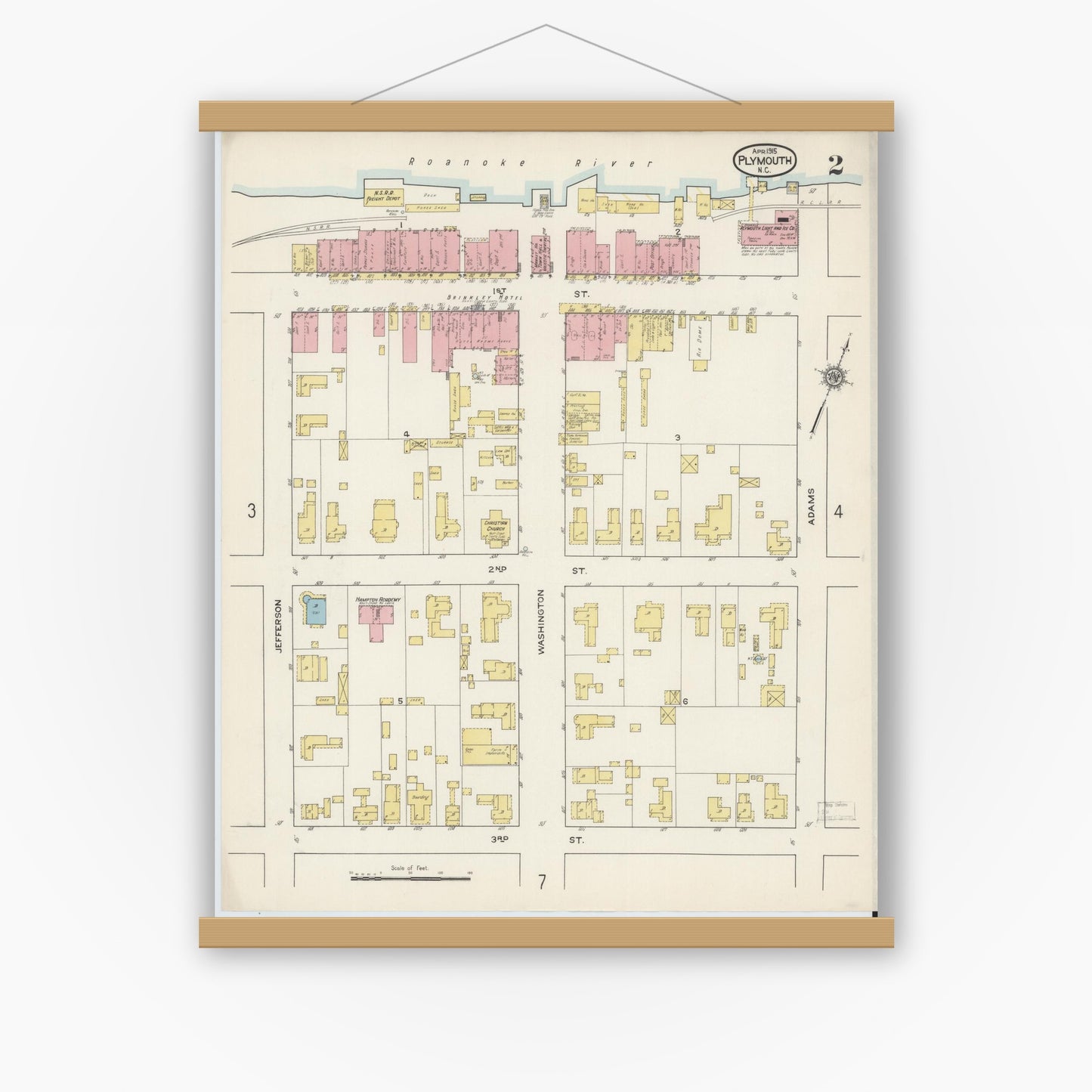 Old map wall art mockup — magnetic wood frame on white wall — Sanborn Fire Insurance Map from Plymouth, Washington County, North Carolina (1915), Sheet #0002