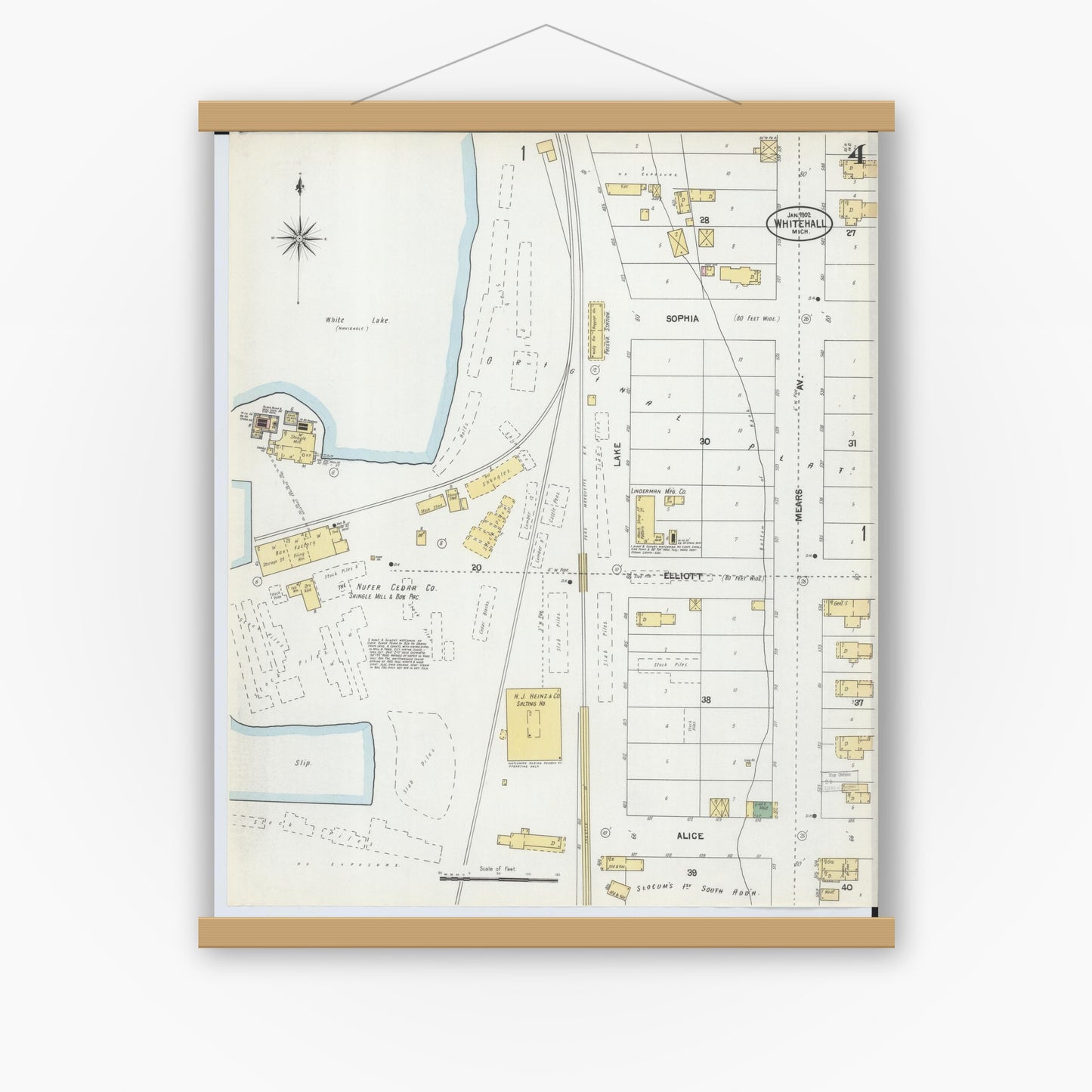 Old map wall art mockup — magnetic wood frame on white wall — Sanborn Fire Insurance Map from Whitehall, Muskegon County, Michigan (1902), Sheet #0004