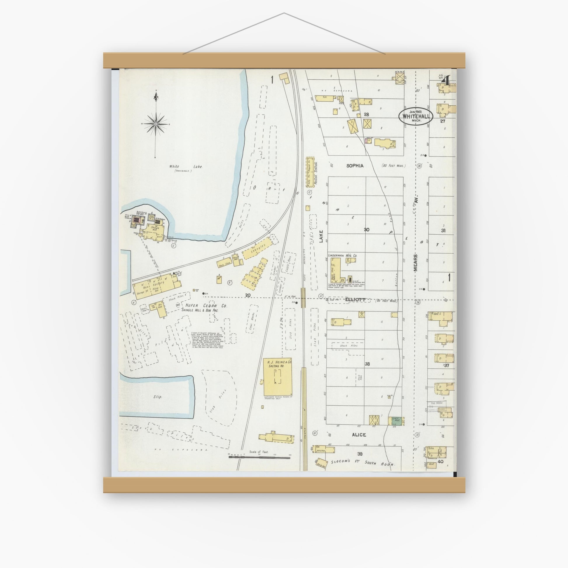 Old map wall art mockup — magnetic wood frame on white wall — Sanborn Fire Insurance Map from Whitehall, Muskegon County, Michigan (1902), Sheet #0004