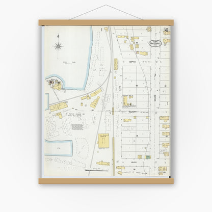 Old map wall art mockup — magnetic wood frame on white wall — Sanborn Fire Insurance Map from Whitehall, Muskegon County, Michigan (1902), Sheet #0004