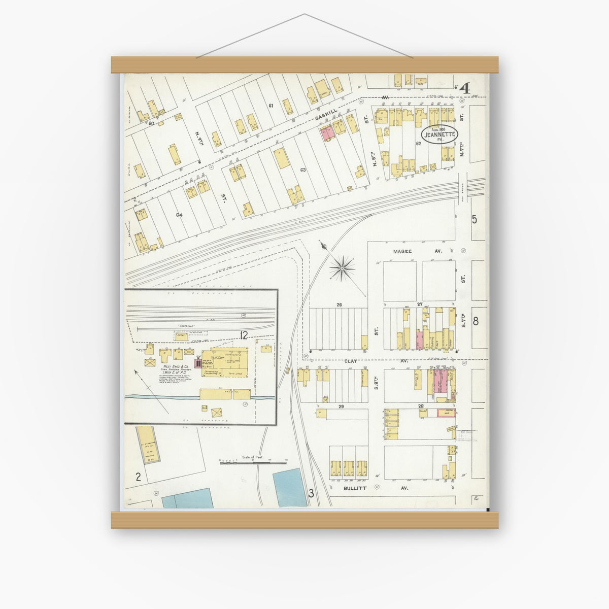 Old map wall art mockup — magnetic wood frame on white wall — Sanborn Fire Insurance Map from Jeannette, Westmoreland County, Pennsylvania (1905), Sheet #0004