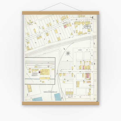 Old map wall art mockup — magnetic wood frame on white wall — Sanborn Fire Insurance Map from Jeannette, Westmoreland County, Pennsylvania (1905), Sheet #0004