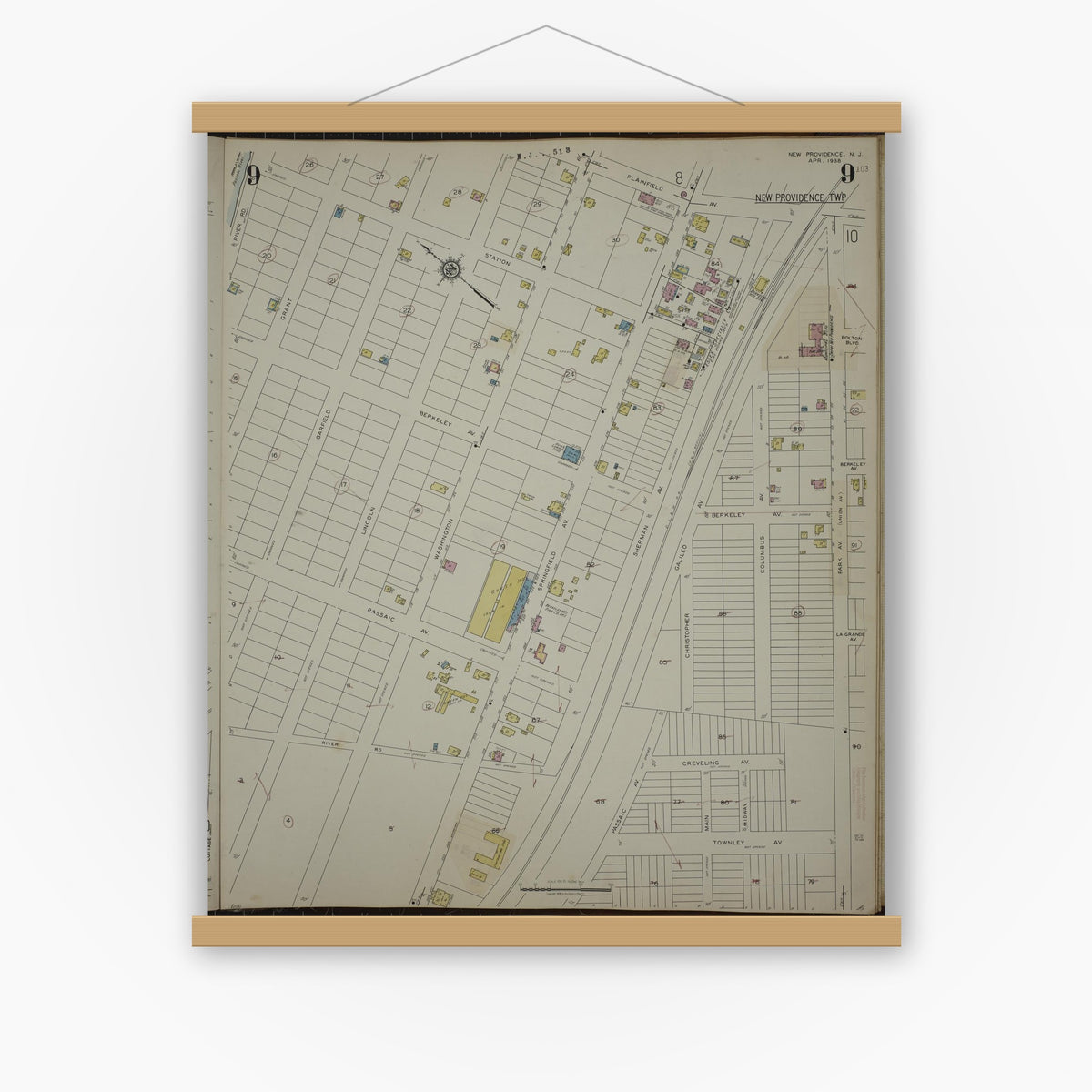 Old map wall art mockup — magnetic wood frame on white wall — Sanborn Fire Insurance Map from New Providence, Union County, New Jersey (1944), Sheet #0009